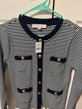 LOFT Navy & White Striped Button Cardigan